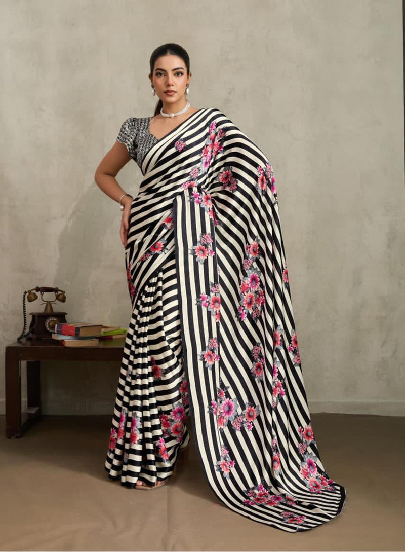 Stylum Women's Black Floral Printed Satin Saree With Unstitched Blouse Piece (SRBLACKGLOBE)