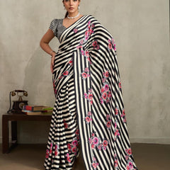 Stylum Women's Black Floral Printed Satin Saree With Unstitched Blouse Piece (SRBLACKGLOBE)