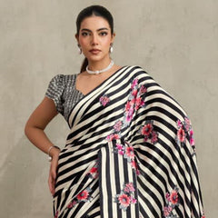 Stylum Women's Black Floral Printed Satin Saree With Unstitched Blouse Piece (SRBLACKGLOBE)