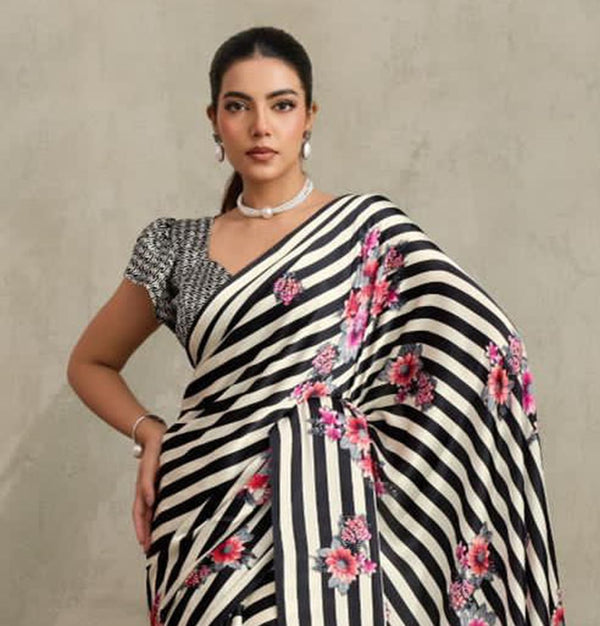 Stylum Women's Black Floral Printed Satin Saree With Unstitched Blouse Piece (SRBLACKGLOBE)
