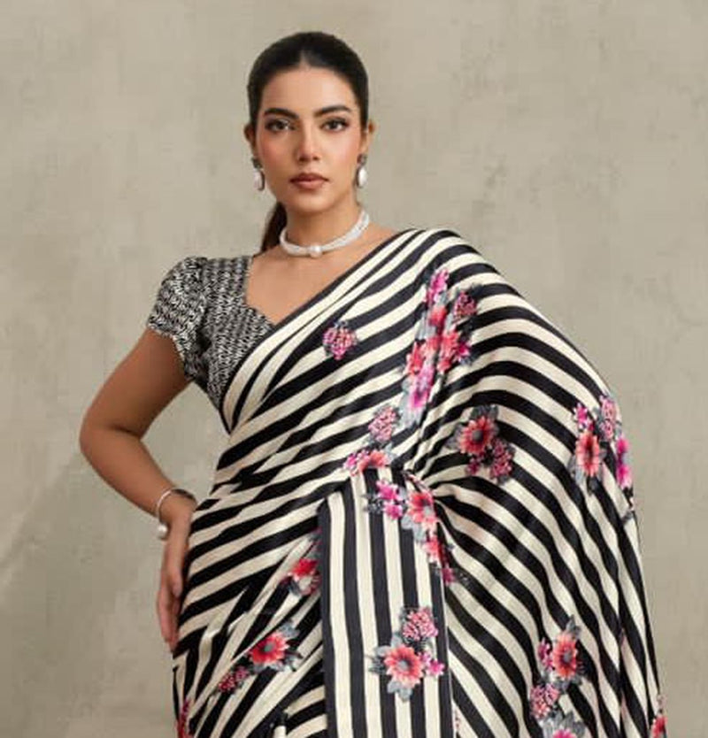 Stylum Women's Black Floral Printed Satin Saree With Unstitched Blouse Piece (SRBLACKGLOBE)