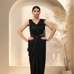 Stylum Women's Black Sequinned & Belted Ready To Wear Lycra Saree (SRBLACKSMITH)