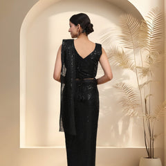 Stylum Women's Black Sequinned & Belted Ready To Wear Lycra Saree (SRBLACKSMITH)