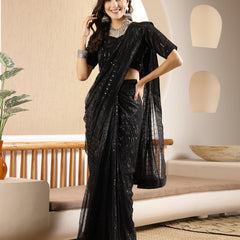 Stylum Women's Black Party Wear Fancy Lycra Shimmer Ready To Wear Saree (SRBLACKSPARK)