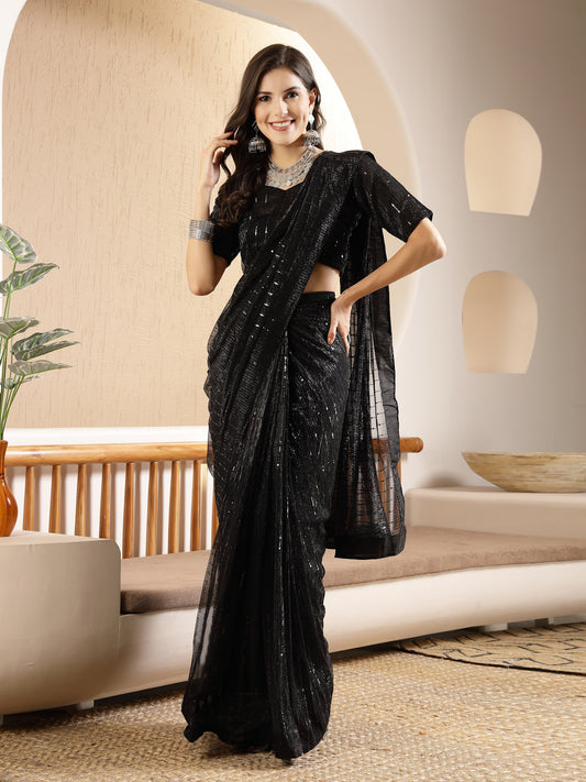 Stylum Women's Black Party Wear Fancy Lycra Shimmer Ready To Wear Saree (SRBLACKSPARK)