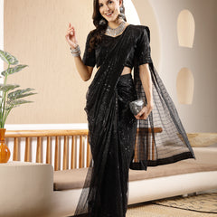 Stylum Women's Black Party Wear Fancy Lycra Shimmer Ready To Wear Saree (SRBLACKSPARK)