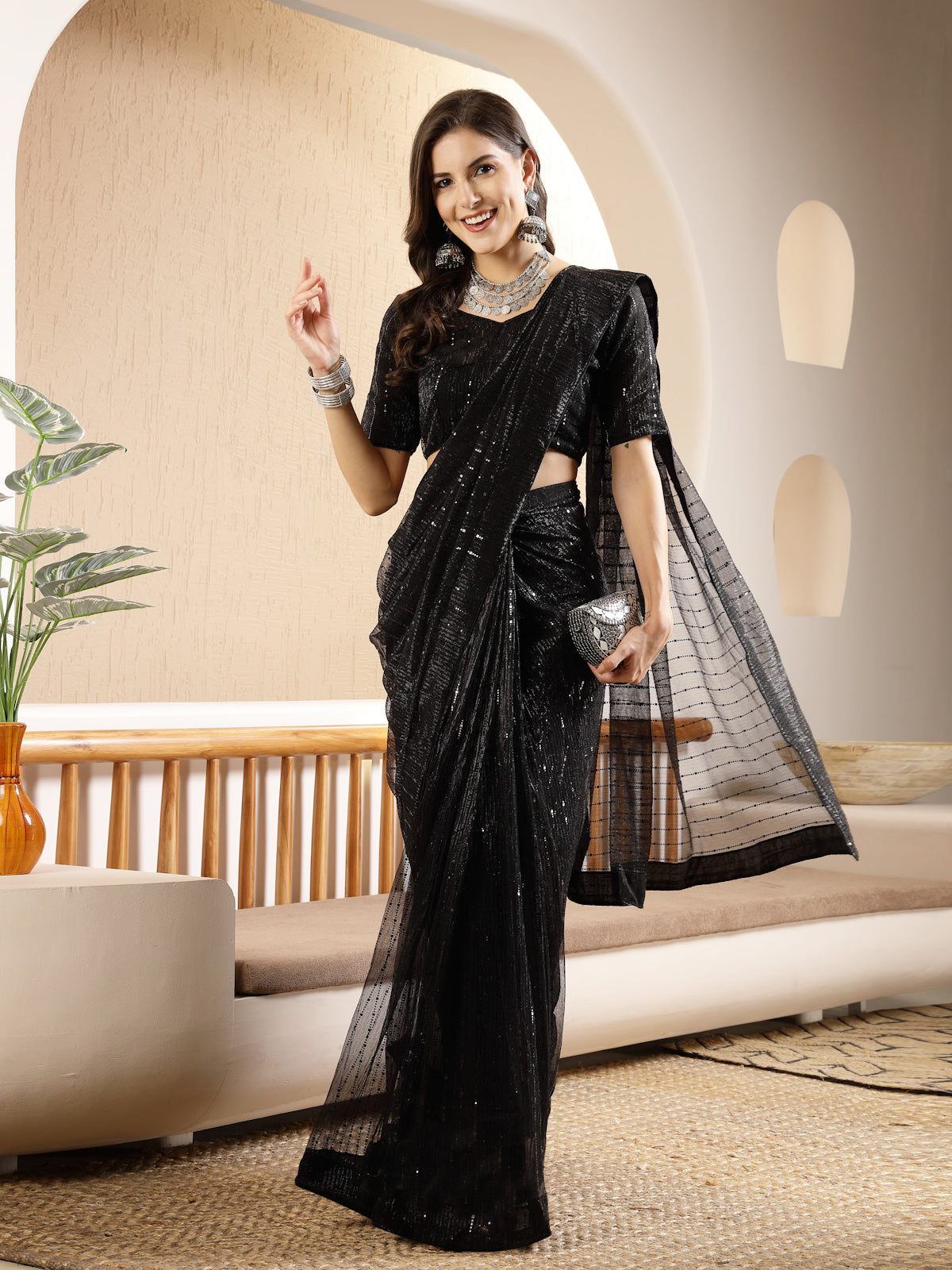 Stylum Women's Black Party Wear Fancy Lycra Shimmer Ready To Wear Saree (SRBLACKSPARK)