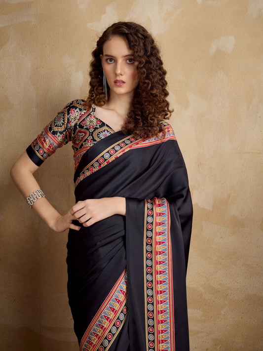 Stylum Women's Black Ajrakh Printed Silk Blend Saree With Unstitched Blouser Piece (SRBLACKSUHANI)