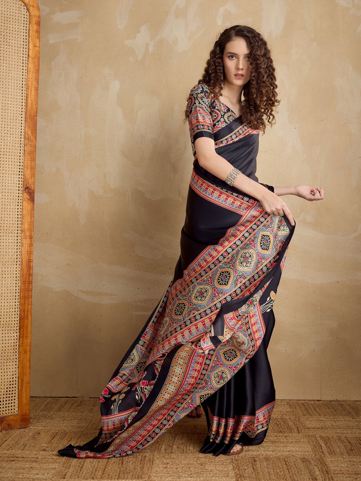 Stylum Women's Black Ajrakh Printed Silk Blend Saree With Unstitched Blouser Piece (SRBLACKSUHANI)