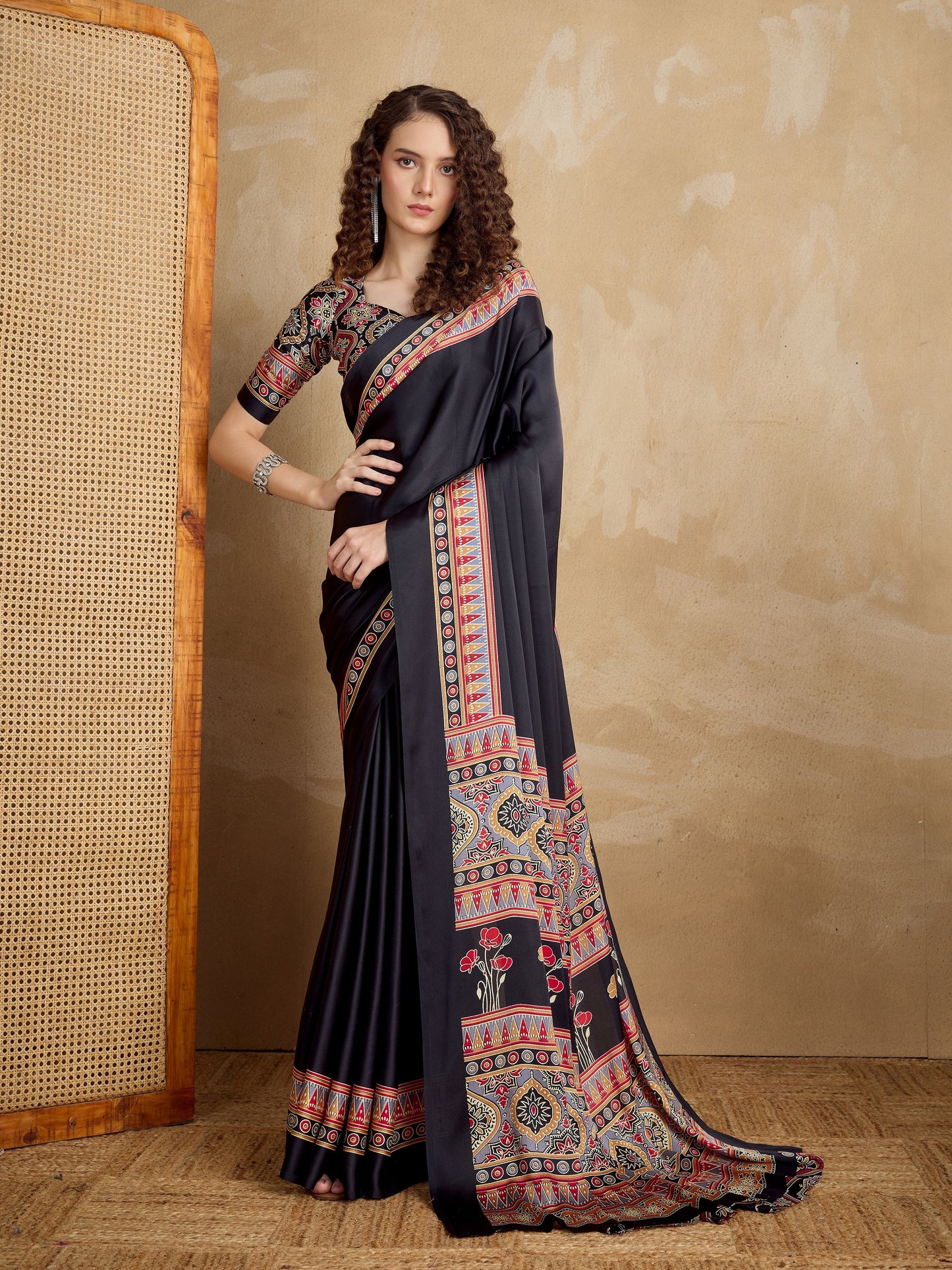 Stylum Women's Black Ajrakh Printed Silk Blend Saree With Unstitched Blouser Piece (SRBLACKSUHANI)