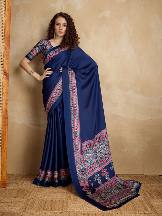 Stylum Women's Blue Ajrakh Printed Silk Blend Saree With Unstitched Blouser Piece (SRBLUESUHANI)