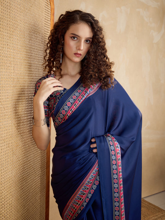 Stylum Women's Blue Ajrakh Printed Silk Blend Saree With Unstitched Blouser Piece (SRBLUESUHANI)