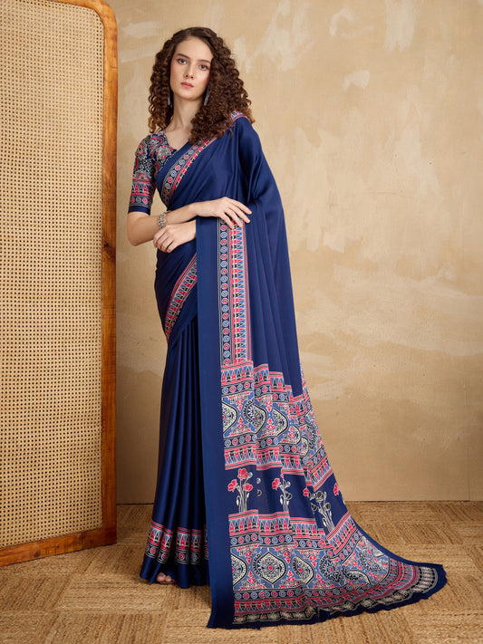 Stylum Women's Blue Ajrakh Printed Silk Blend Saree With Unstitched Blouser Piece (SRBLUESUHANI)
