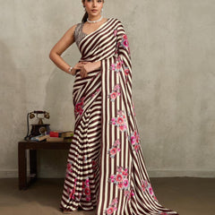 Stylum Women's Brown Floral Printed Satin Saree With Unstitched Blouse Piece (SRBROWNGLOBE)