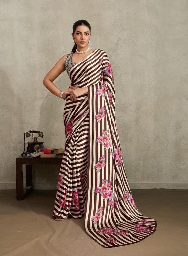 Stylum Women's Brown Floral Printed Satin Saree With Unstitched Blouse Piece (SRBROWNGLOBE)