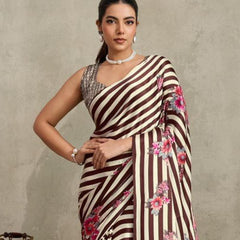 Stylum Women's Brown Floral Printed Satin Saree With Unstitched Blouse Piece (SRBROWNGLOBE)