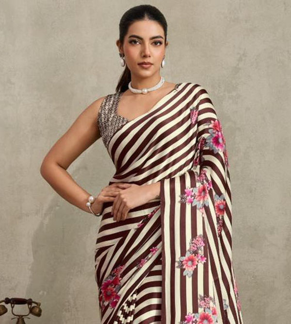 Stylum Women's Brown Floral Printed Satin Saree With Unstitched Blouse Piece (SRBROWNGLOBE)