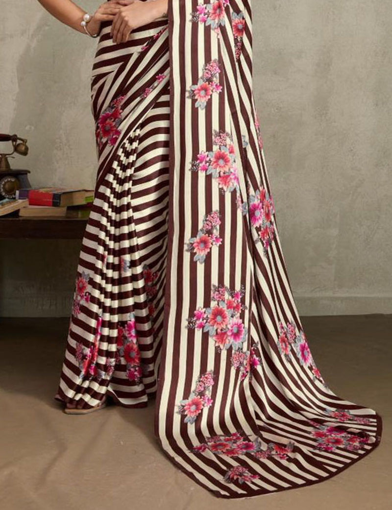 Stylum Women's Brown Floral Printed Satin Saree With Unstitched Blouse Piece (SRBROWNGLOBE)