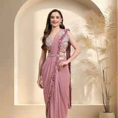 Stylum Women's Mauve Party Wear Patchwork & Ruffled Ready To Wear Lycra Saree (SRCARLOSMAUVE)