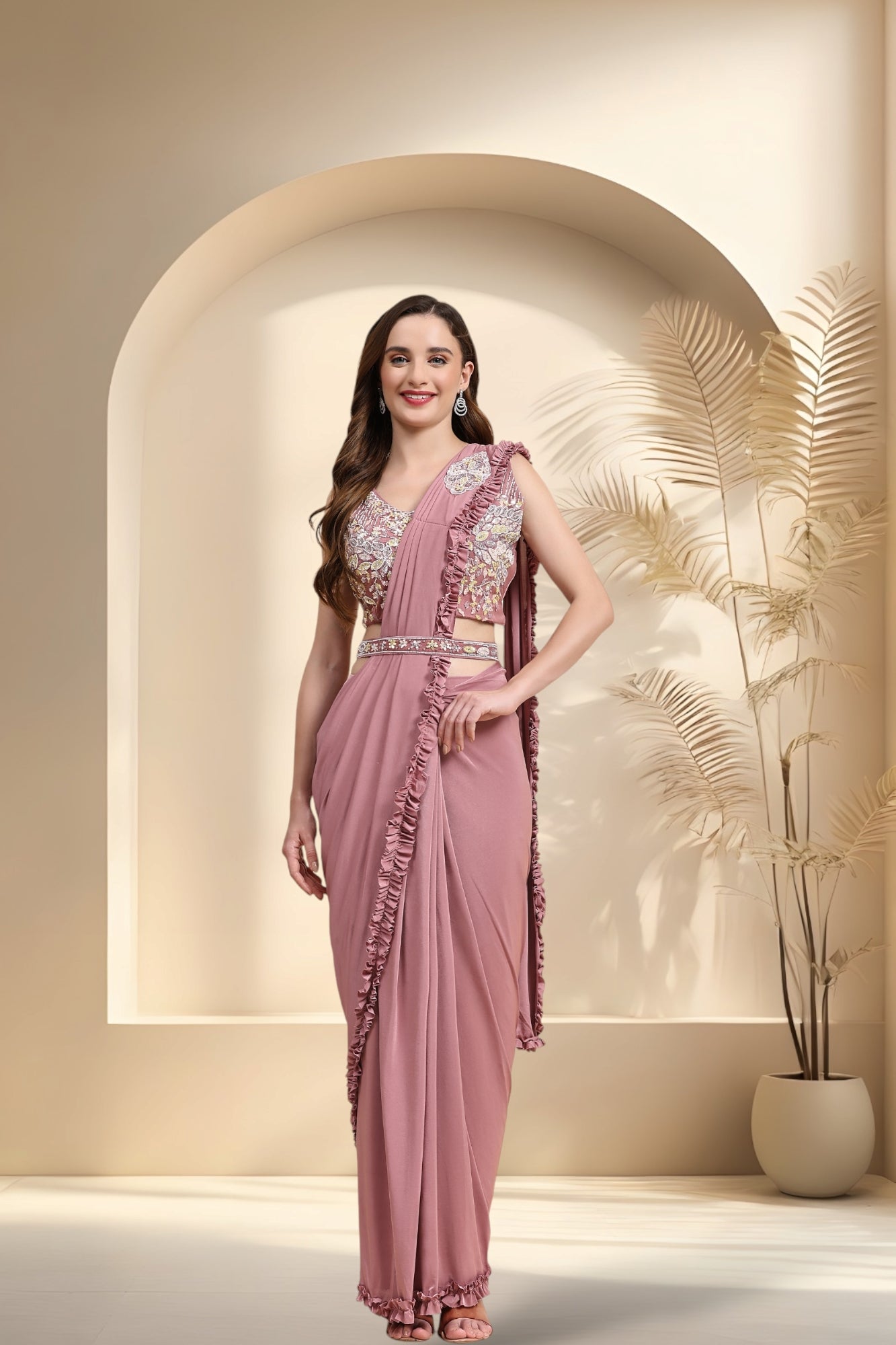 Stylum Women's Mauve Party Wear Patchwork & Ruffled Ready To Wear Lycra Saree (SRCARLOSMAUVE)