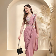 Stylum Women's Mauve Party Wear Patchwork & Ruffled Ready To Wear Lycra Saree (SRCARLOSMAUVE)