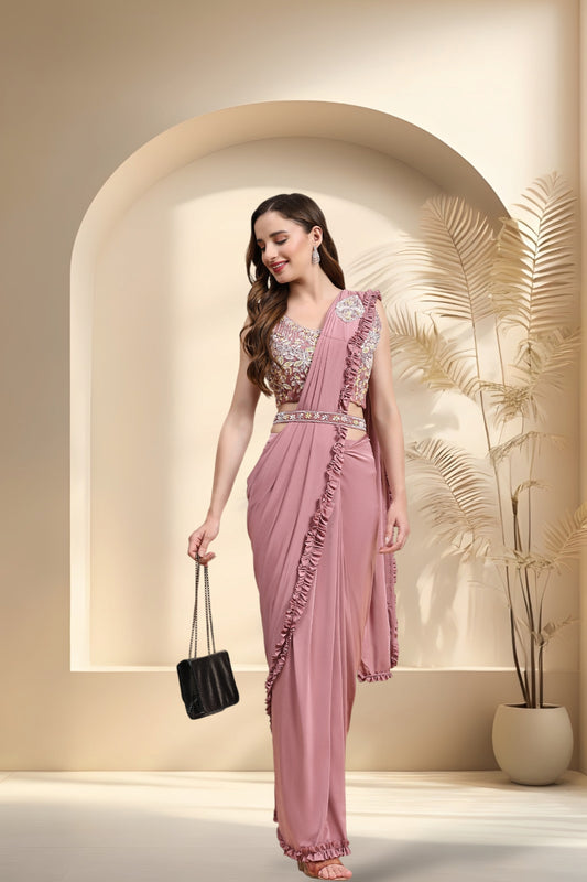 Stylum Women's Mauve Party Wear Patchwork & Ruffled Ready To Wear Lycra Saree (SRCARLOSMAUVE)