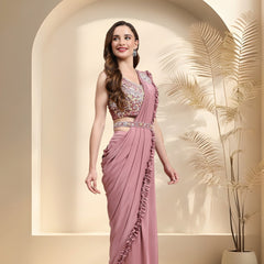 Stylum Women's Mauve Party Wear Patchwork & Ruffled Ready To Wear Lycra Saree (SRCARLOSMAUVE)