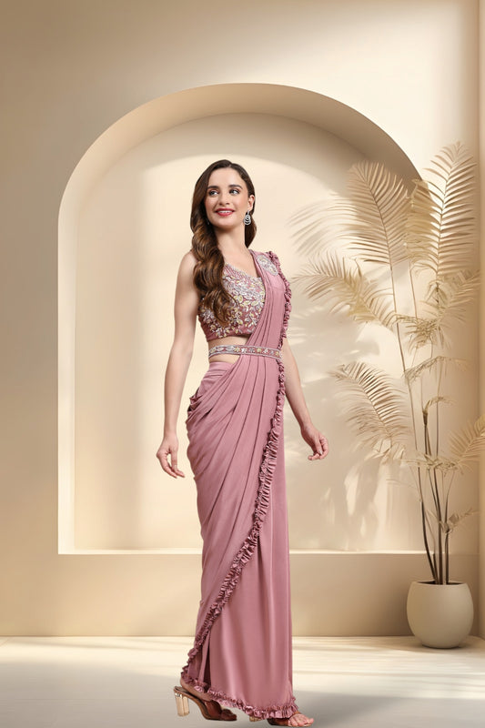 Stylum Women's Mauve Party Wear Patchwork & Ruffled Ready To Wear Lycra Saree (SRCARLOSMAUVE)