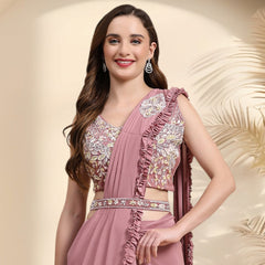 Stylum Women's Mauve Party Wear Patchwork & Ruffled Ready To Wear Lycra Saree (SRCARLOSMAUVE)