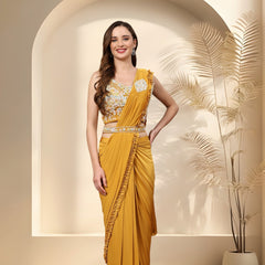 Stylum Women's Mustard Party Wear Patchwork & Ruffled Ready To Wear Lycra Saree (SRCARLOSMUSTARD)