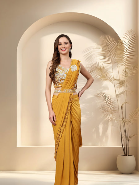 Stylum Women's Mustard Party Wear Patchwork & Ruffled Ready To Wear Lycra Saree (SRCARLOSMUSTARD)