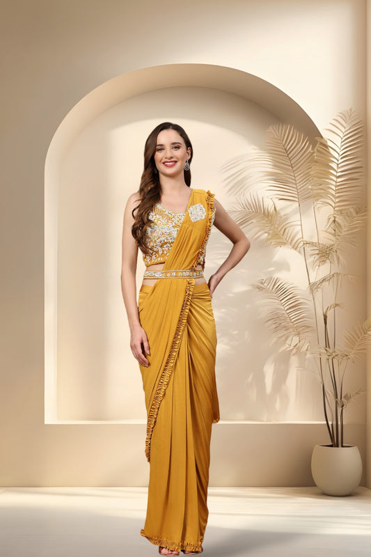 Stylum Women's Mustard Party Wear Patchwork & Ruffled Ready To Wear Lycra Saree (SRCARLOSMUSTARD)