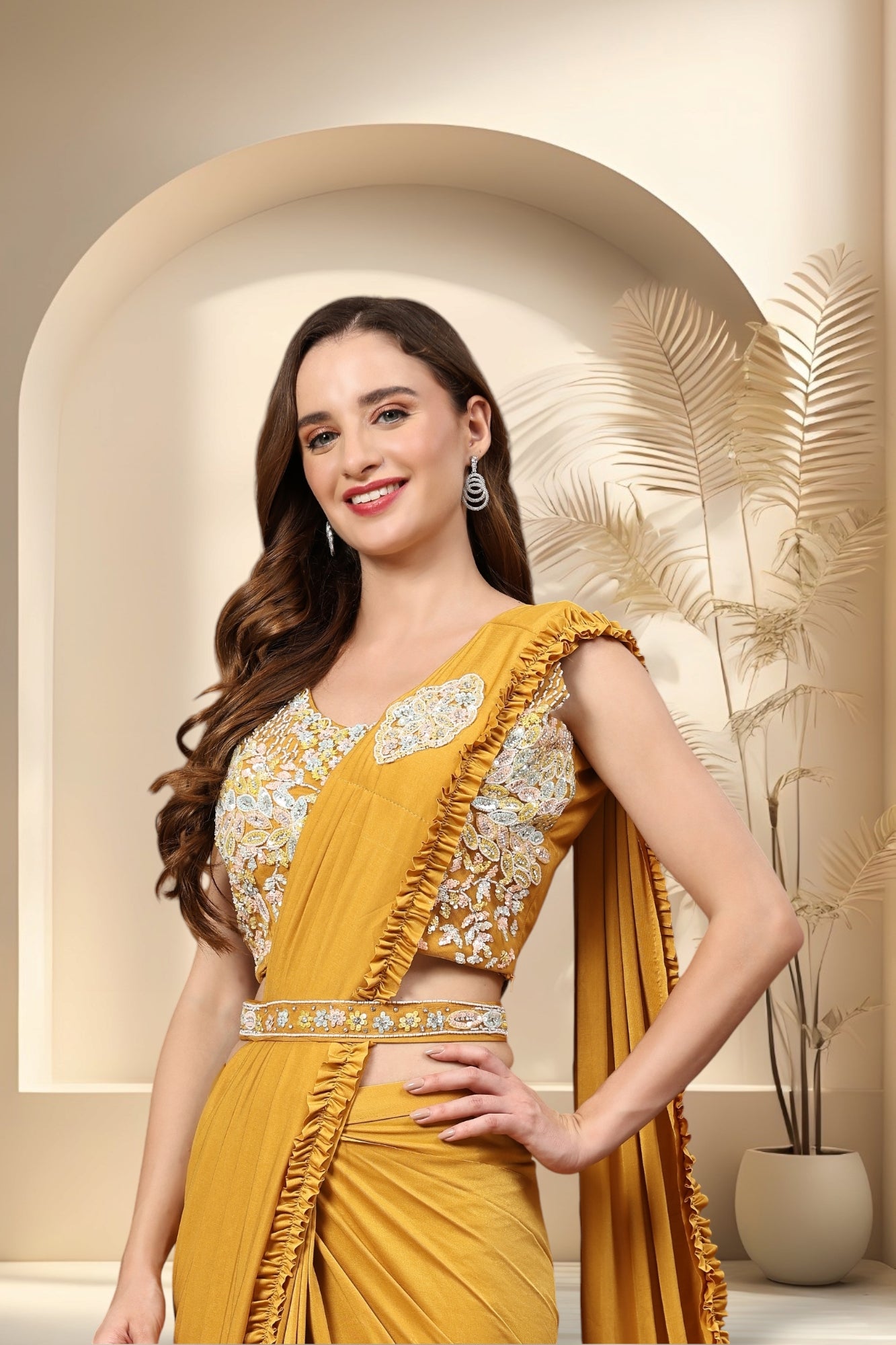 Stylum Women's Mustard Party Wear Patchwork & Ruffled Ready To Wear Lycra Saree (SRCARLOSMUSTARD)