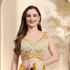 Stylum Women's Mustard Party Wear Patchwork & Ruffled Ready To Wear Lycra Saree (SRCARLOSMUSTARD)