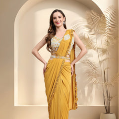 Stylum Women's Mustard Party Wear Patchwork & Ruffled Ready To Wear Lycra Saree (SRCARLOSMUSTARD)