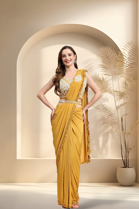 Stylum Women's Mustard Party Wear Patchwork & Ruffled Ready To Wear Lycra Saree (SRCARLOSMUSTARD)