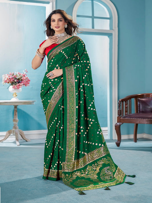 Stylum Women's Green Bhandej Aari Work Crushed Silk Saree (SRCRUSHGREEN)