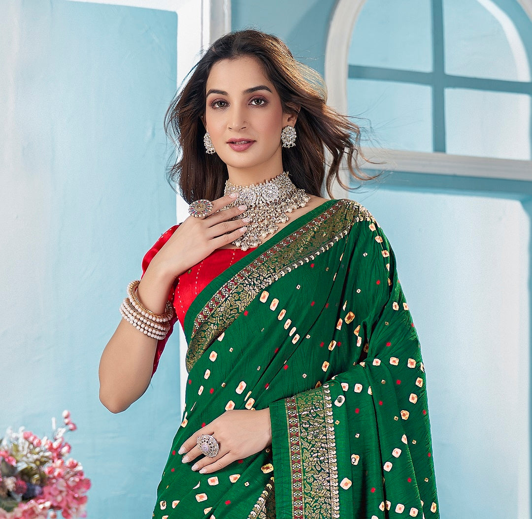 Stylum Women's Green Bhandej Aari Work Crushed Silk Saree (SRCRUSHGREEN)