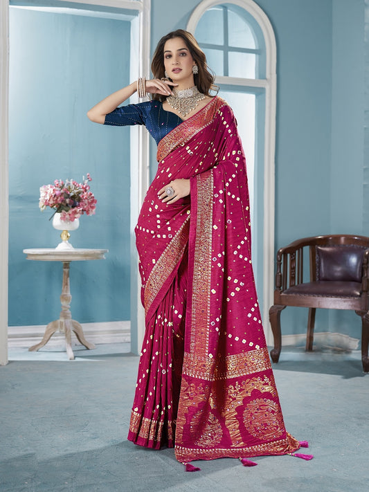 Stylum Women's Magenta Bhandej Aari Work Crushed Silk Saree (SRCRUSHMAGENTA)