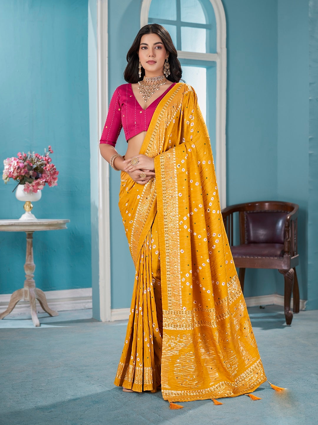 Stylum Women's Mustard Bhandej Aari Work Crushed Silk Saree (SRCRUSHMUSTARD)