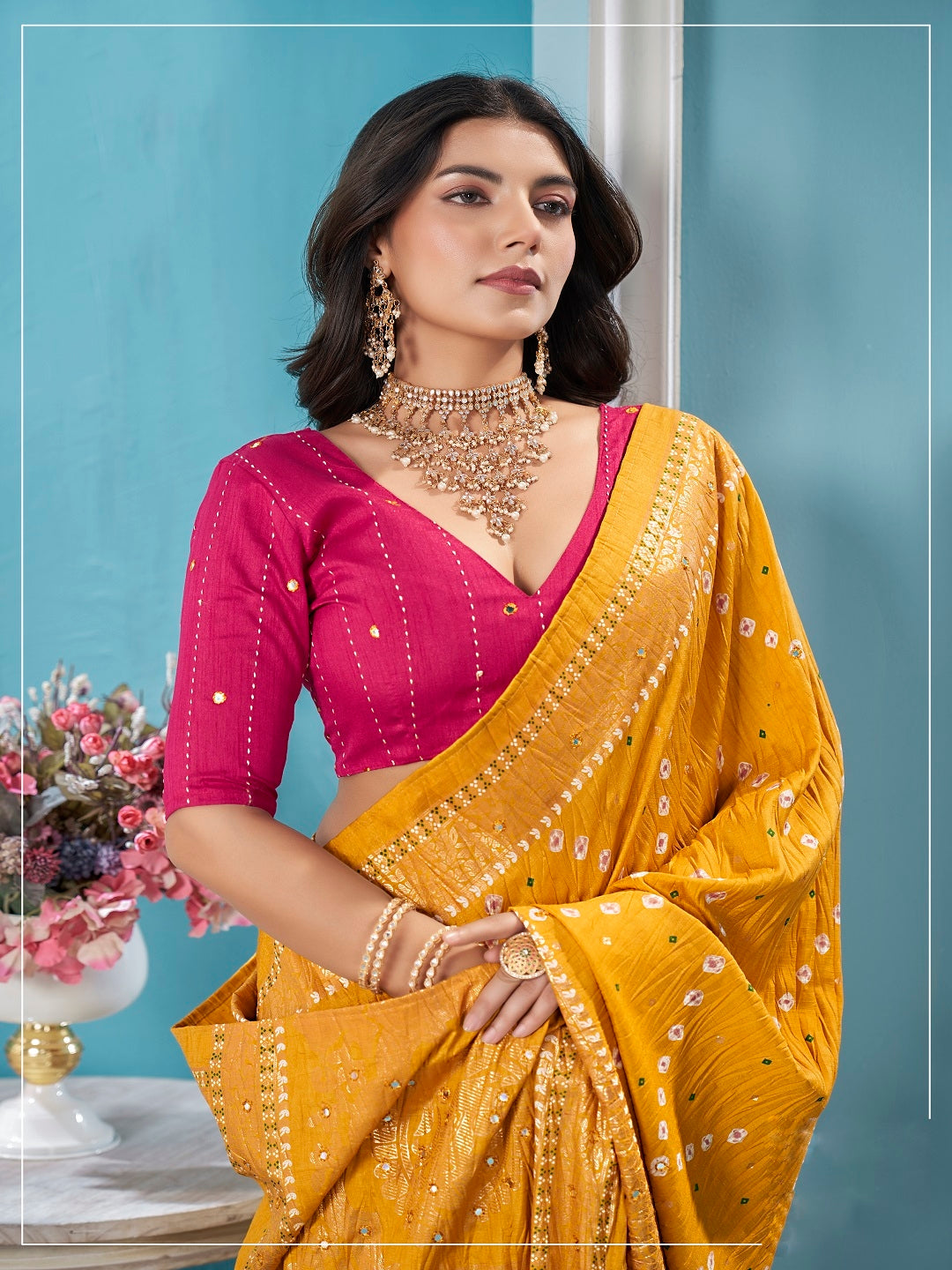 Stylum Women's Mustard Bhandej Aari Work Crushed Silk Saree (SRCRUSHMUSTARD)