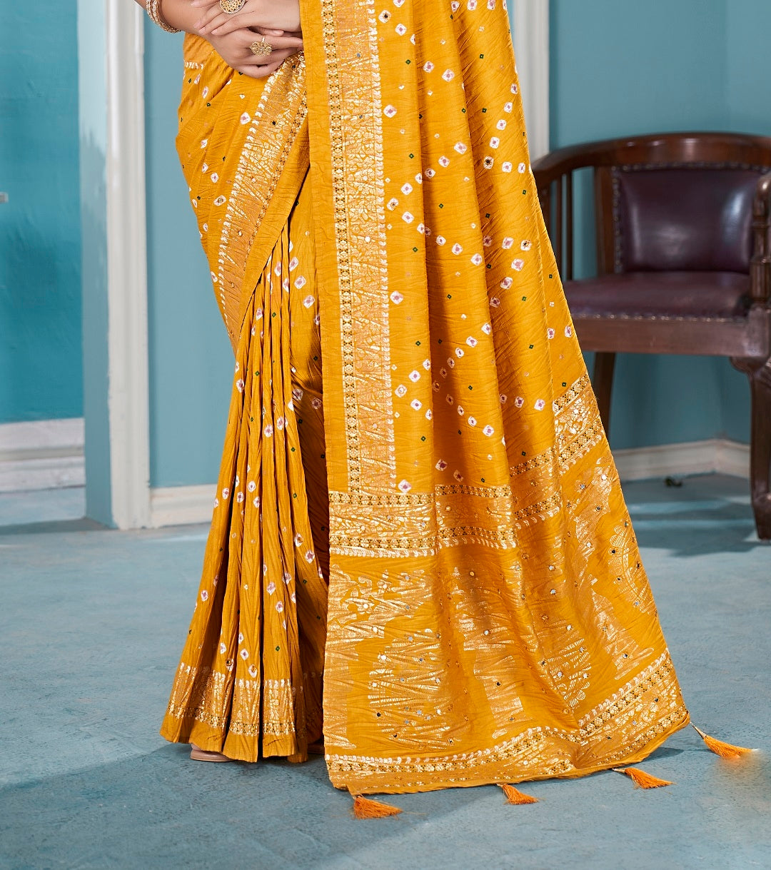 Stylum Women's Mustard Bhandej Aari Work Crushed Silk Saree (SRCRUSHMUSTARD)