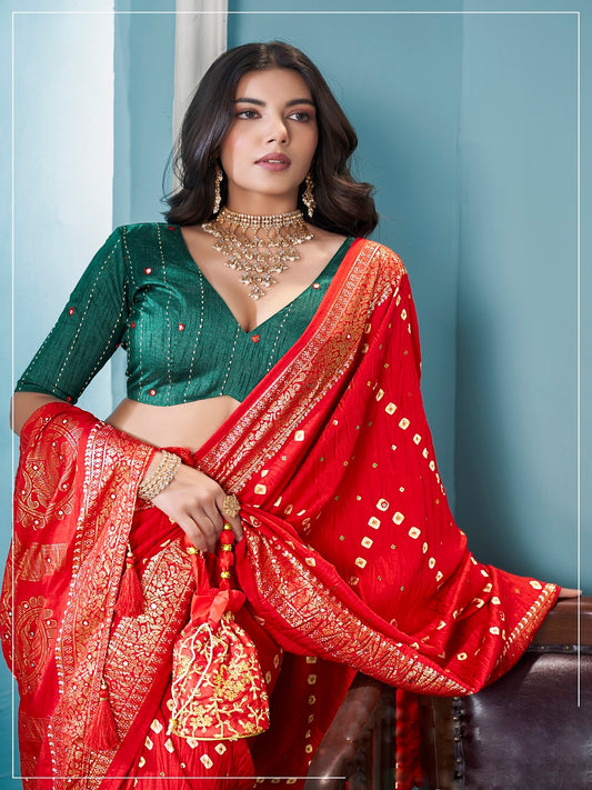 Stylum Women's Red Bhandej Aari Work Crushed Silk Saree (SRCRUSHRED)