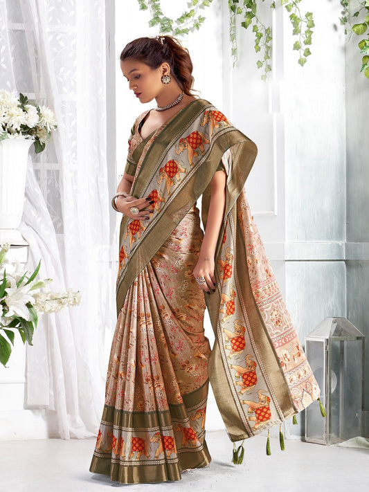 Stylum Women's Beige Floral Printed Giza silk Bantac Digital Border Saree (SRDIYABEIGE)