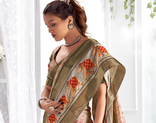 Stylum Women's Beige Floral Printed Giza silk Bantac Digital Border Saree (SRDIYABEIGE)