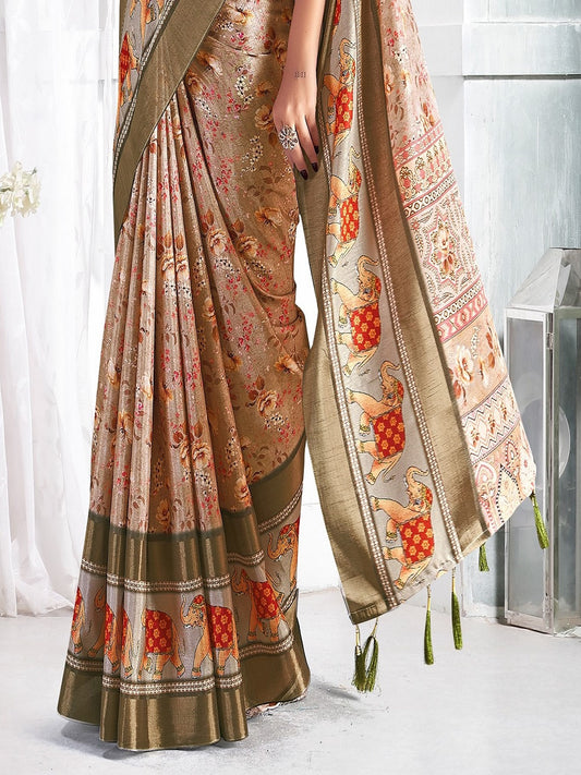 Stylum Women's Beige Floral Printed Giza silk Bantac Digital Border Saree (SRDIYABEIGE)