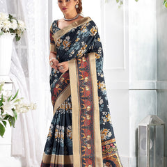 Stylum Women's Navy Floral Printed Giza silk Bantac Digital Border Saree (SRDIYANAVY)