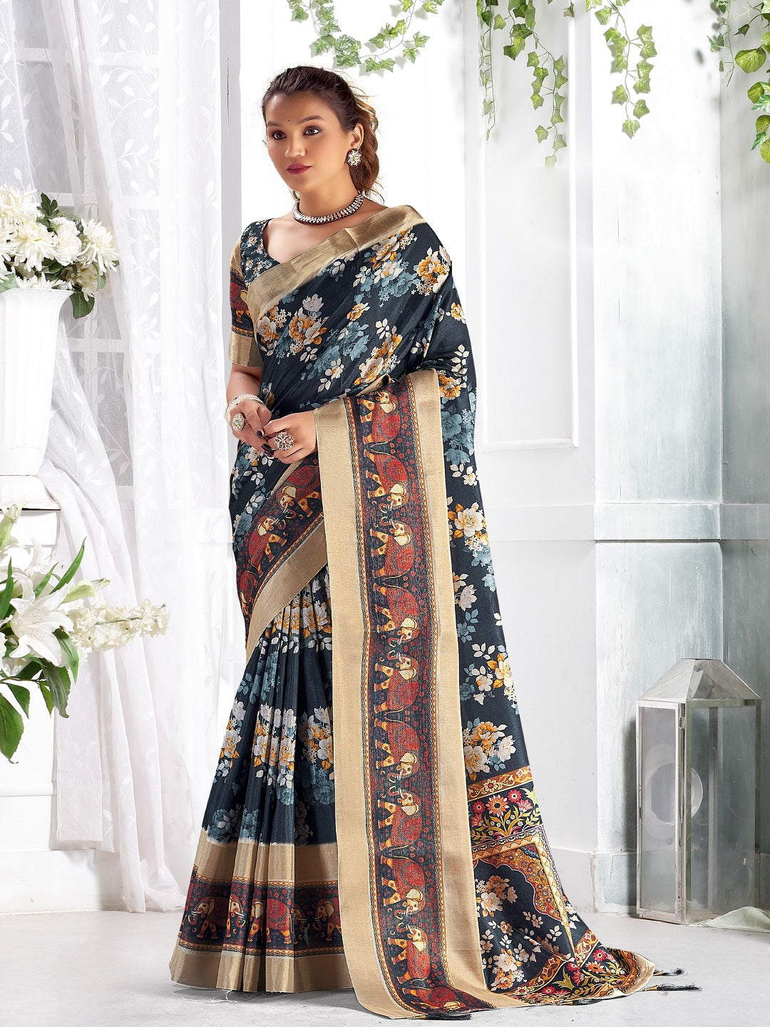 Stylum Women's Navy Floral Printed Giza silk Bantac Digital Border Saree (SRDIYANAVY)