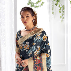 Stylum Women's Navy Floral Printed Giza silk Bantac Digital Border Saree (SRDIYANAVY)