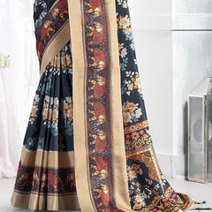 Stylum Women's Navy Floral Printed Giza silk Bantac Digital Border Saree (SRDIYANAVY)